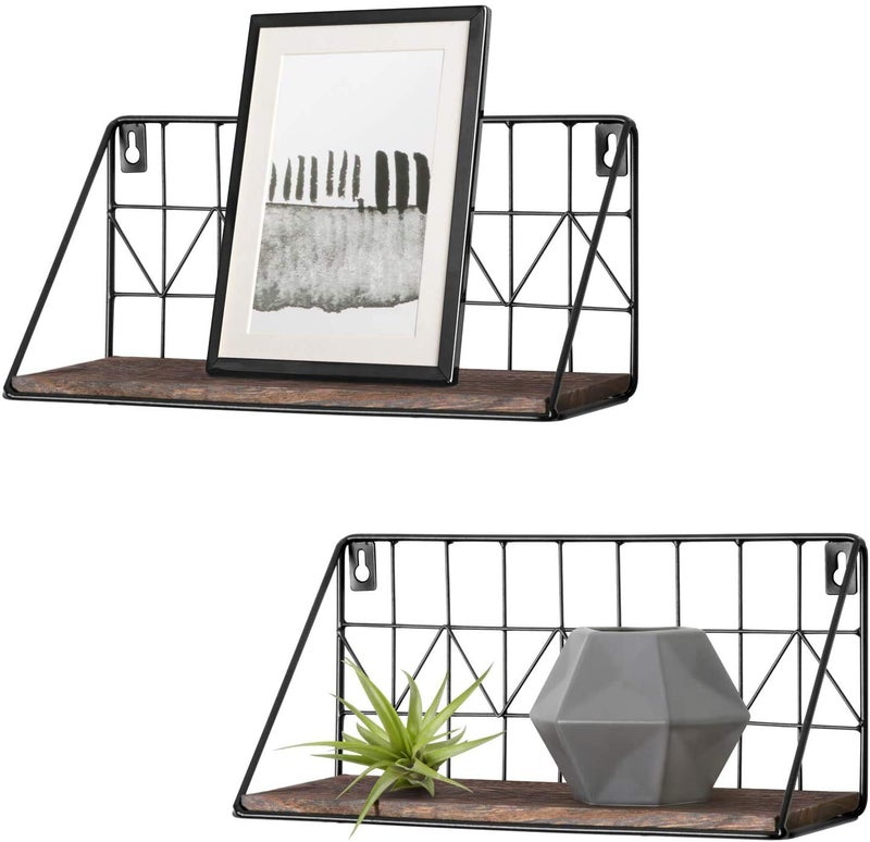 Mkono Floating Shelves Wall Mounted Set of 2 Rustic Wood Storage Display Shelf with Metal Wire Basket 11.5 Inches, Hanging Shelf for Bedroom Bathroom Living Room Kitchen Office, Brown,Small - Image 1